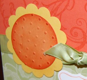 Stampin Up, Perfect Punches, Perfect Polka Dots embossing folder, big shot, scallop punch, daffodil delight, tangerine tango, baroque motiffs, curly label punch, sponging 